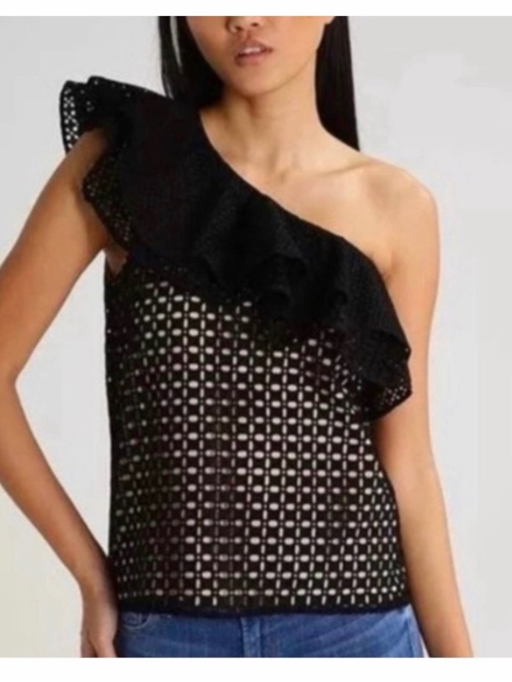 Black One-Shoulder Ruffle Eyelet Top by J.Crew, size 2